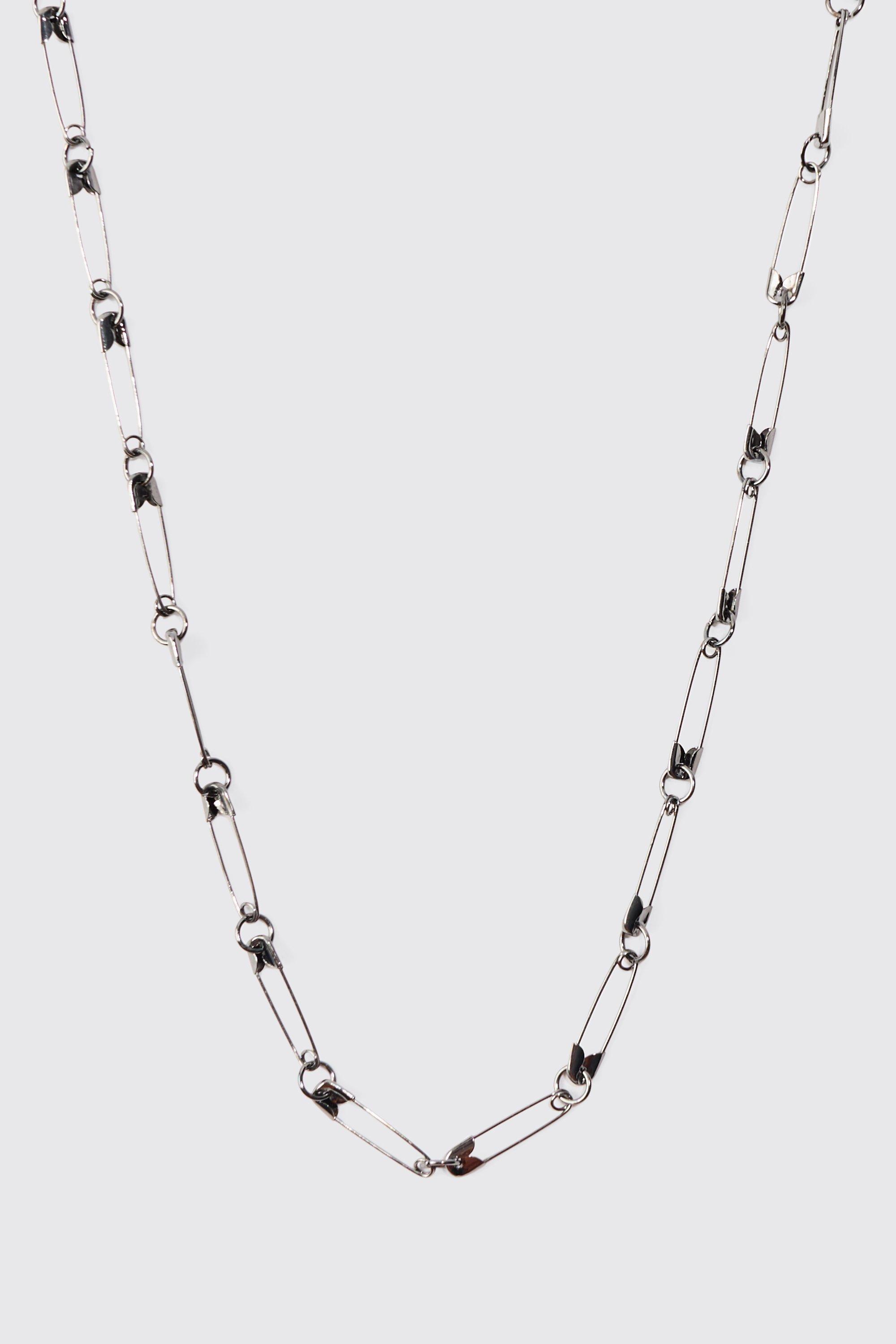 Mens Metallics Safety Pin Chain Necklace In Gunmetal, Metallics